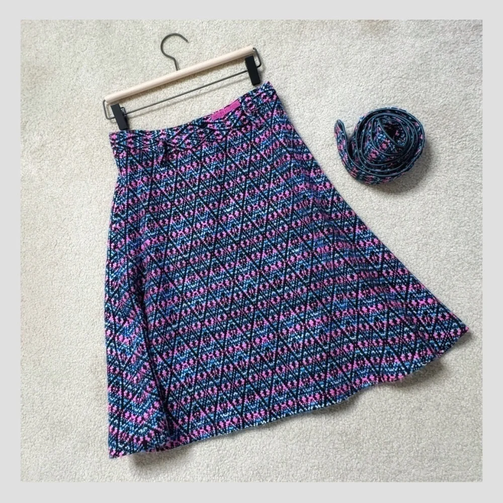 Matthew Williamson A- Line Skirt Detachable Belt Textured Fabric Pink Blue Print